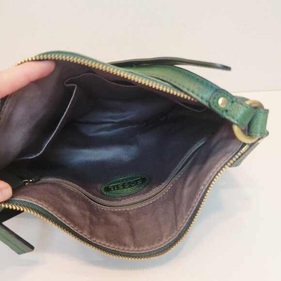 Vtg Fossil Emerald Green Leather Shoulder Hobo Purse Bag Zip Expand READ - Picture 8 of 9